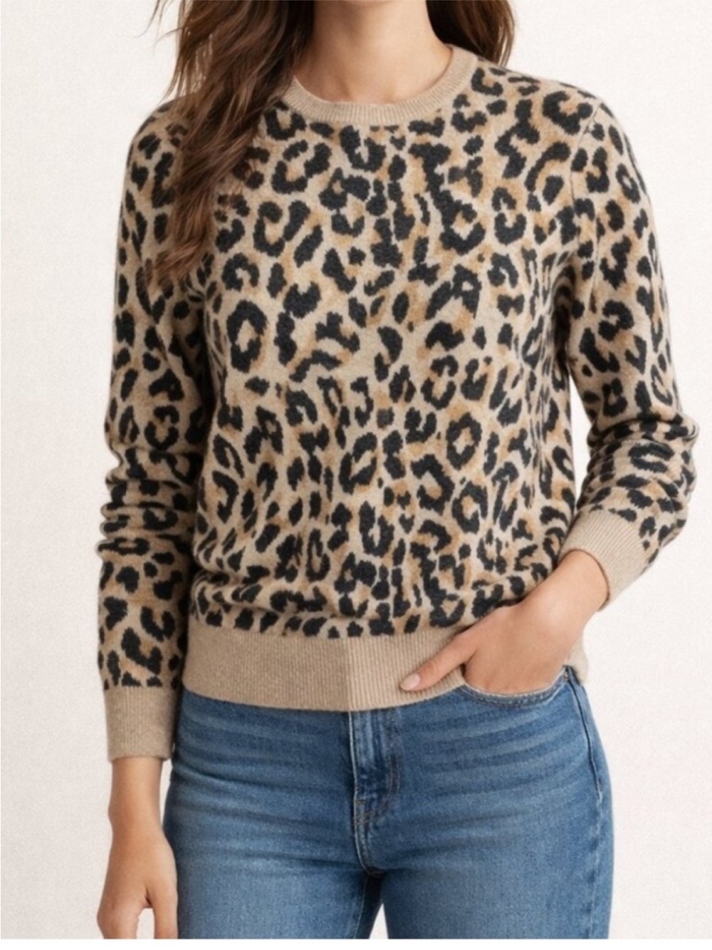 J. Crew Beige and Black Leopard-Print Crewneck Sweater